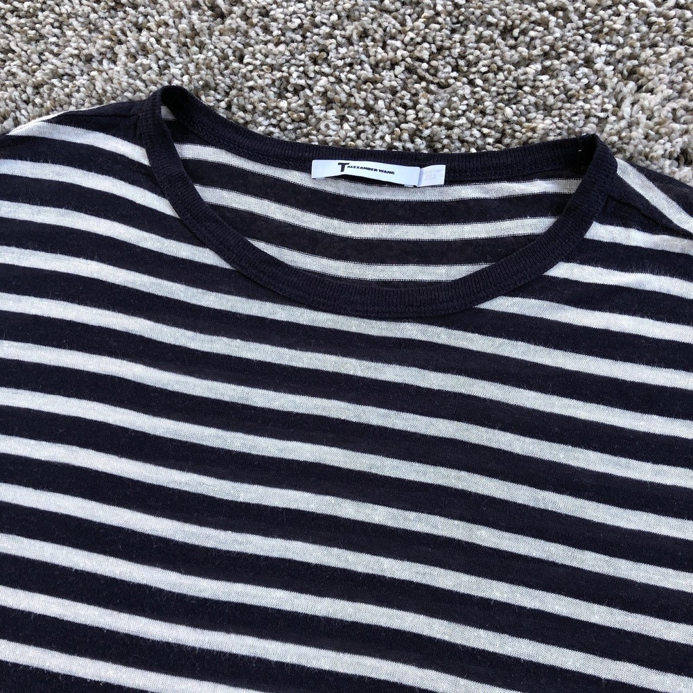 T Alexander Wang Striped Tee Shirt Womens M White Navy Linen Blend Short Sleeve View 2